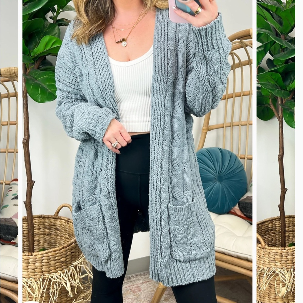 NWT blue teal green cable knitted cardigan sweater